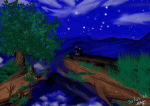 Illustration dans la nuit de montagnes et des arbres