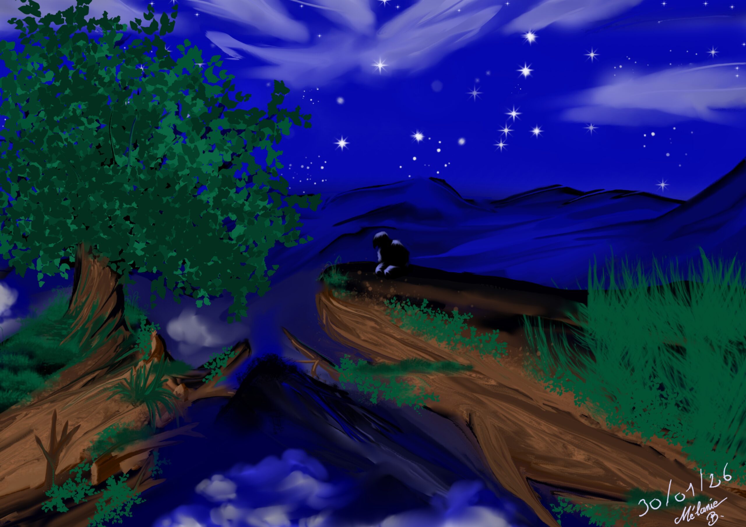 Illustration dans la nuit de montagnes et des arbres