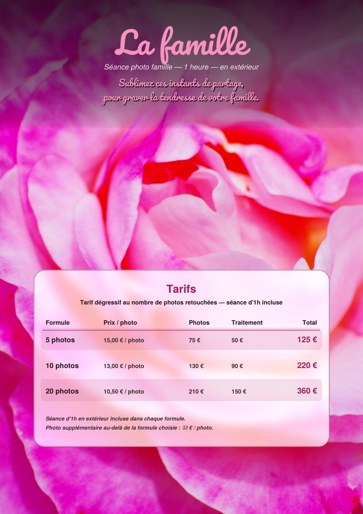 Grille tarifaire avec une rose en arrière plan pour la formule famille séance photo